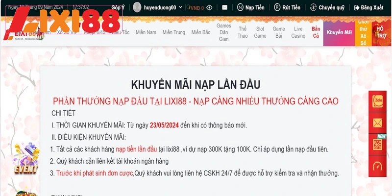 Thời gian bắt đầu khuyến mãi nạp đầu tại Lixi88